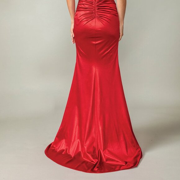 New Strapless Long Soft Satin Dress w/ Rhinestones & Gathered Waistline DQ 4407 - Picture 6 of 9